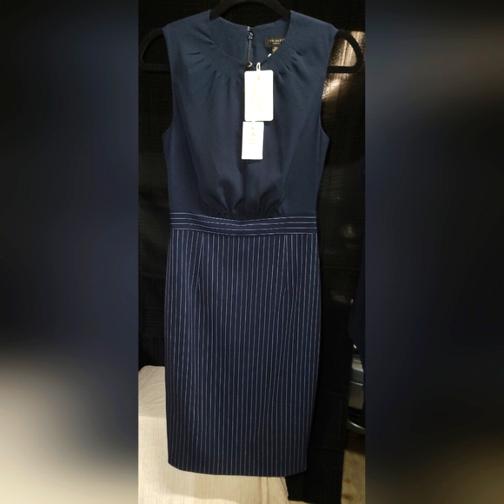 Ted Baker Navy and White Pinstripe Midi Dress